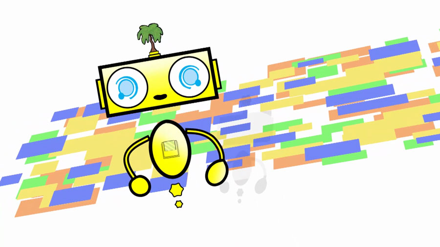 Illustration of a cartoon robot with a palm tree antenna and bright blue eyes, floating above colorful overlapping rectangles. Used in an explainer video about models of autism.