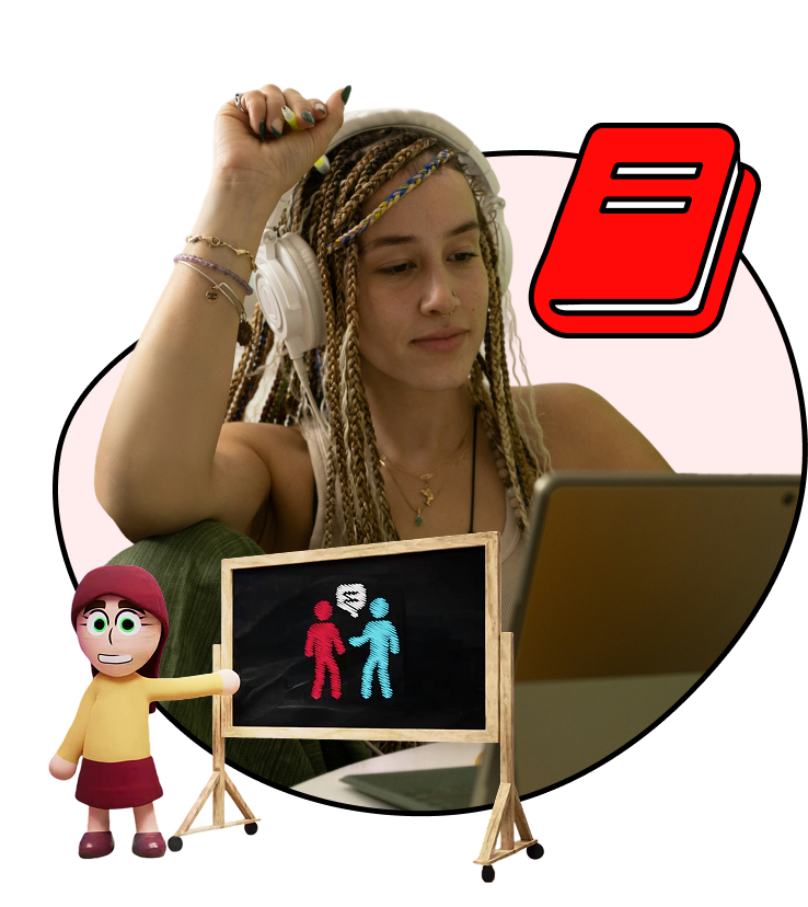 A woman with headphones, focusing on a laptop, appears thoughtful. A cartoon figure points to a chalkboard with red and blue figures. A red book icon is in the background.